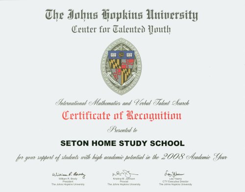 JHU Center for Talented Youth Certificate of Recognition JHU Center for Talented Youth Certificate of Recognition
