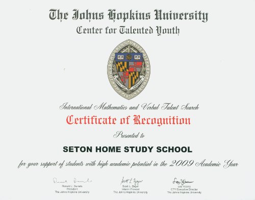 JHU Center for Talented Youth Certificate of Recognition 2009