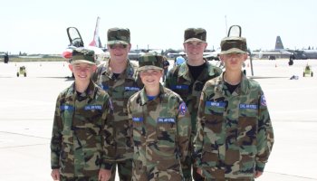 Nathan and fellow cadets with F-16s