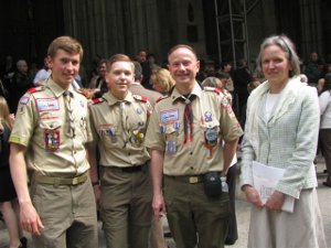 Thomas with his brother and parents after Scout Sunday Mass in St. Patrick’s Cathedral on 5th Avenue - Apr 18th, 2010